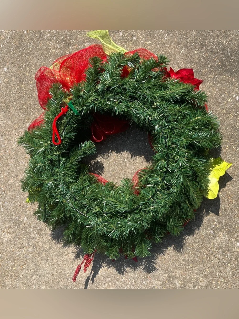 Artificial 25 inch Green Christmas Wreath w/ Red & Gold Ribbon Poinsettias